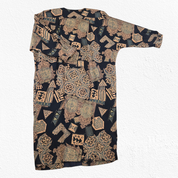 Vintage 1980s John Roberts Black Tan Oversized Abstract Print Dress Size Large - Picture 10 of 10